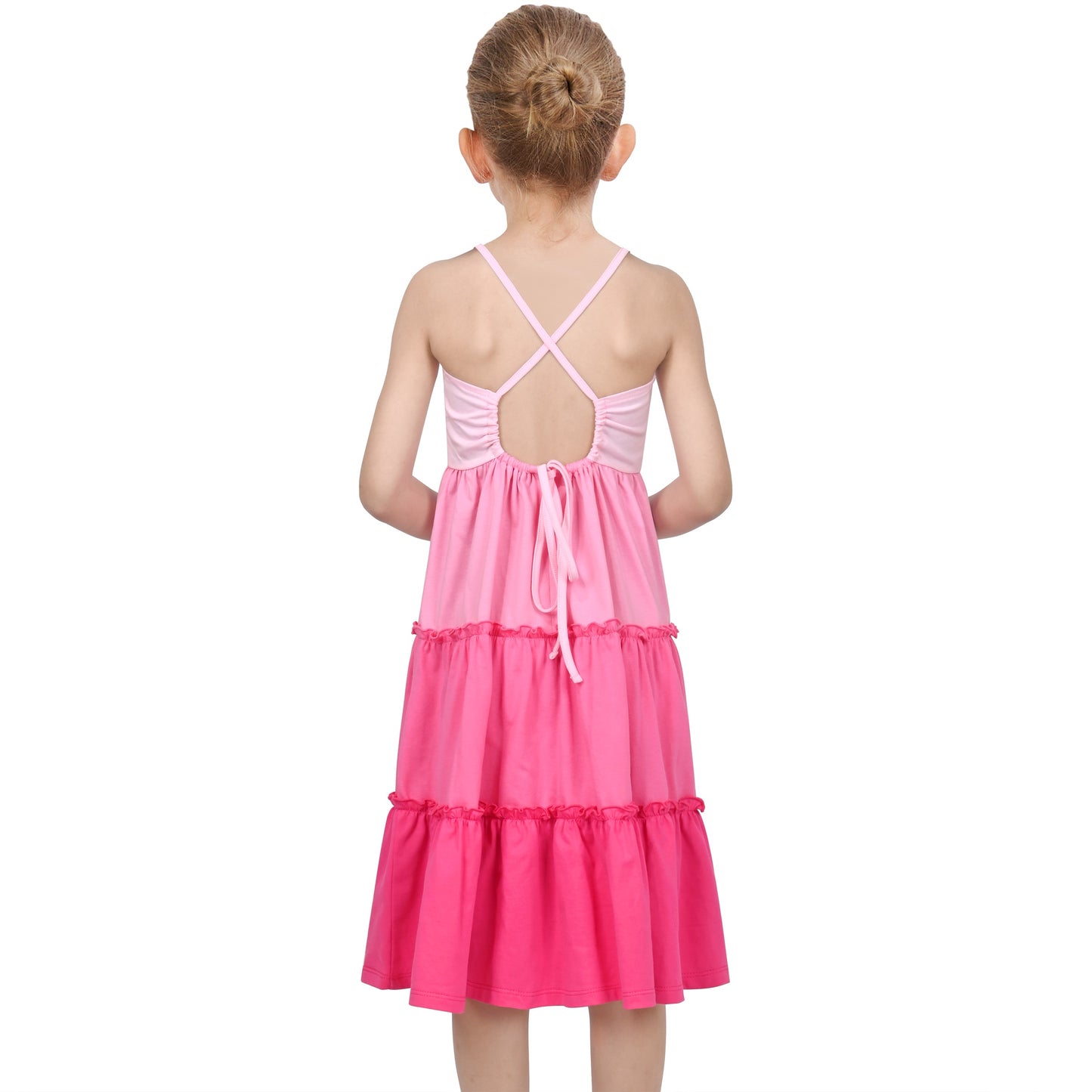 Girls Dress Rainbow Colorful Tiered Ruffle Backless Casual Holiday Cotton Pink
