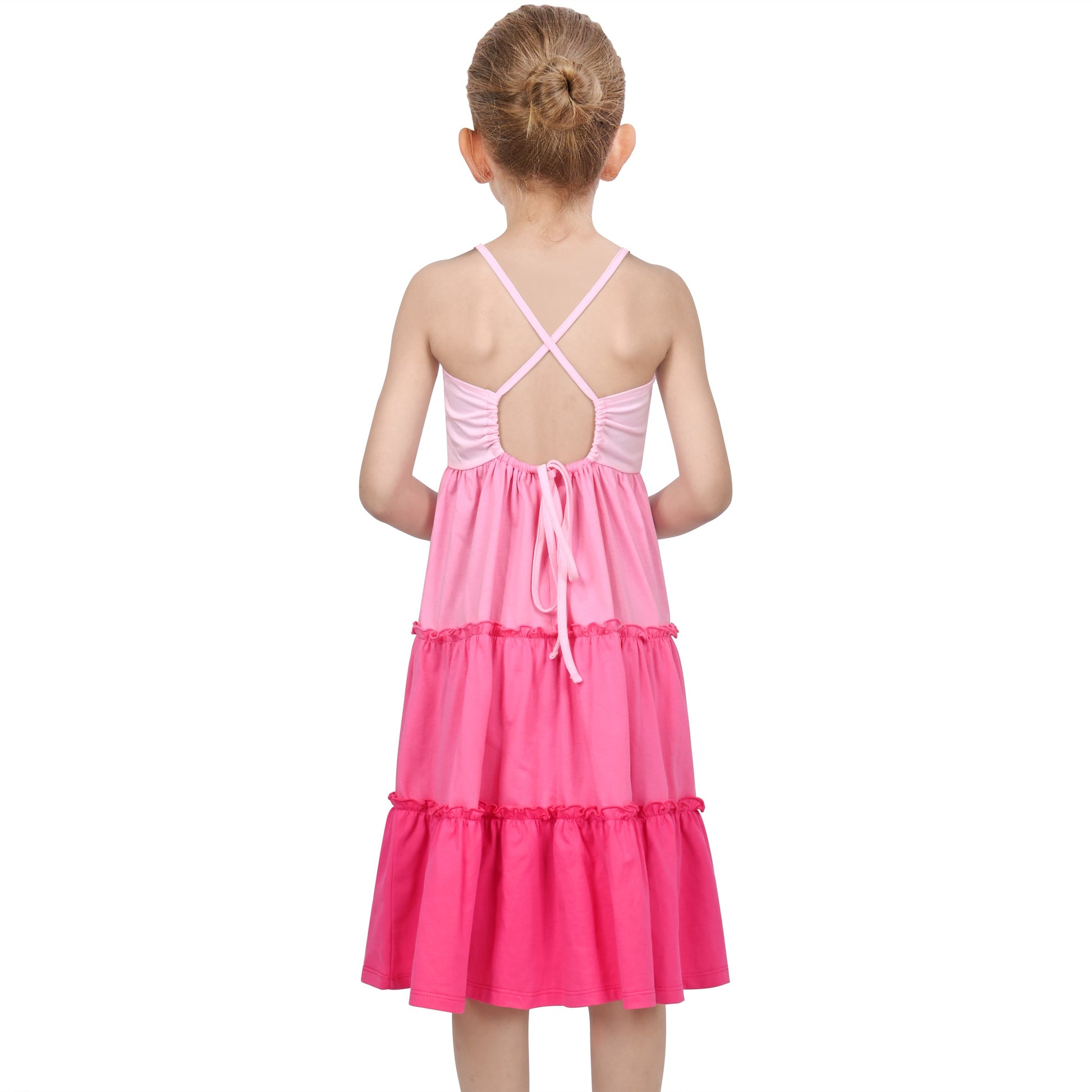 Girls Dress Rainbow Colorful Tiered Ruffle Backless Casual Holiday Cotton Pink