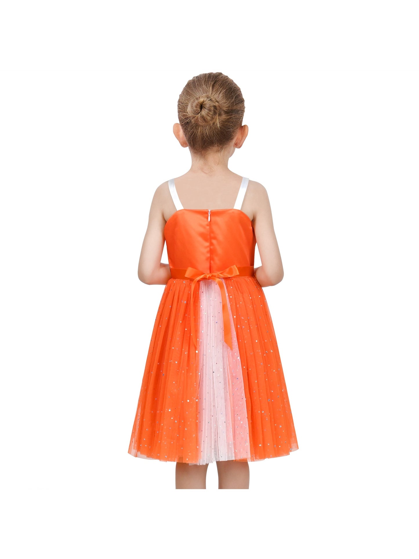 Girls Dress Pink Bow Tie Wedding Lace Tulle Overlay Layered Orange