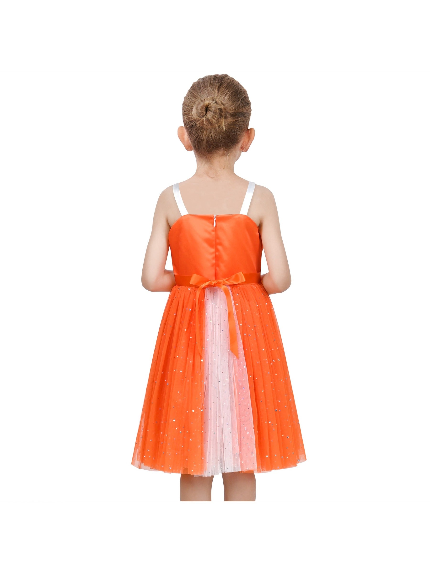 Girls Dress Pink Bow Tie Wedding Lace Tulle Overlay Layered Orange