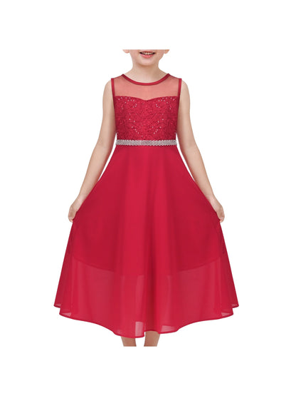 Girls Dress Deep Pink Chiffon Bridesmaid Dance Ball Maxi Gown - Dark Red