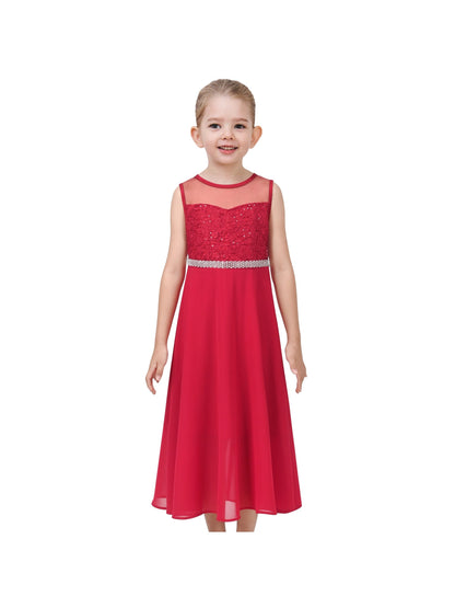 Girls Dress Deep Pink Chiffon Bridesmaid Dance Ball Maxi Gown - Dark Red