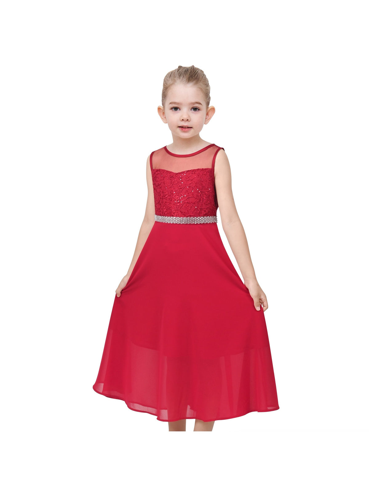 Girls Dress Deep Pink Chiffon Bridesmaid Dance Ball Maxi Gown - Dark Red