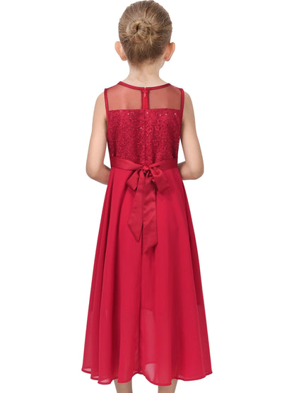 Girls Dress Deep Pink Chiffon Bridesmaid Dance Ball Maxi Gown - Dark Red