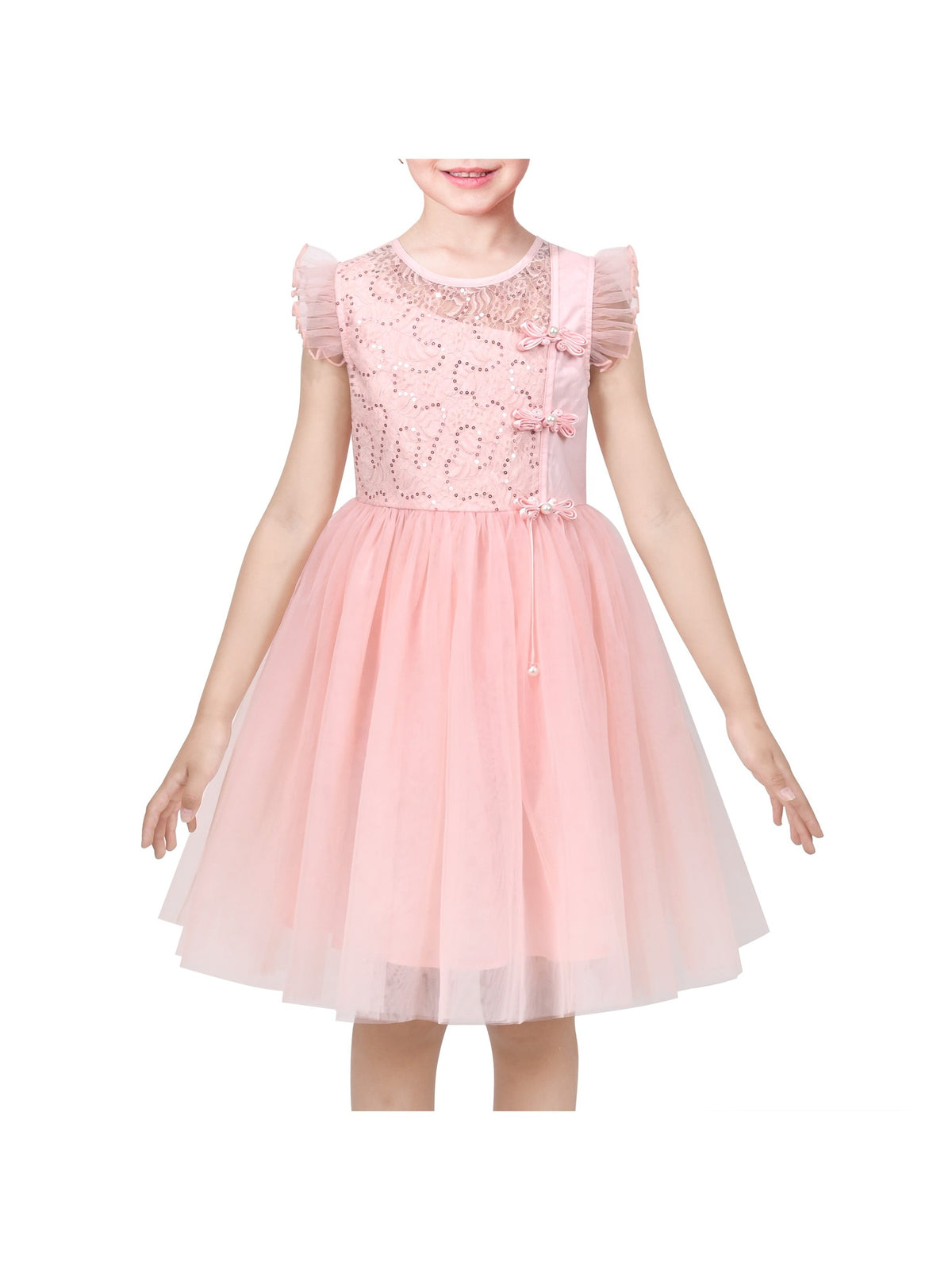 Flower Girl Dress Damask Jacquard Organza Tulle Wedding Pageant Princess - Pink Sequin