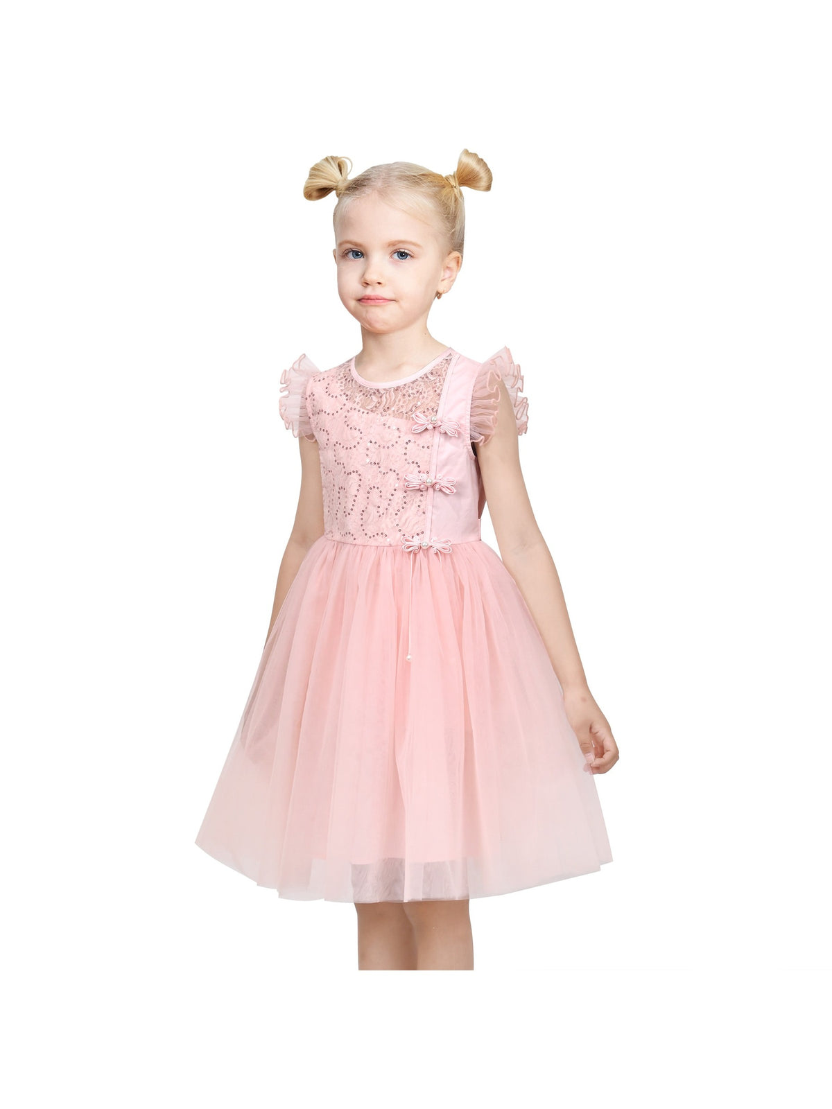 Flower Girl Dress Damask Jacquard Organza Tulle Wedding Pageant Princess - Pink Sequin