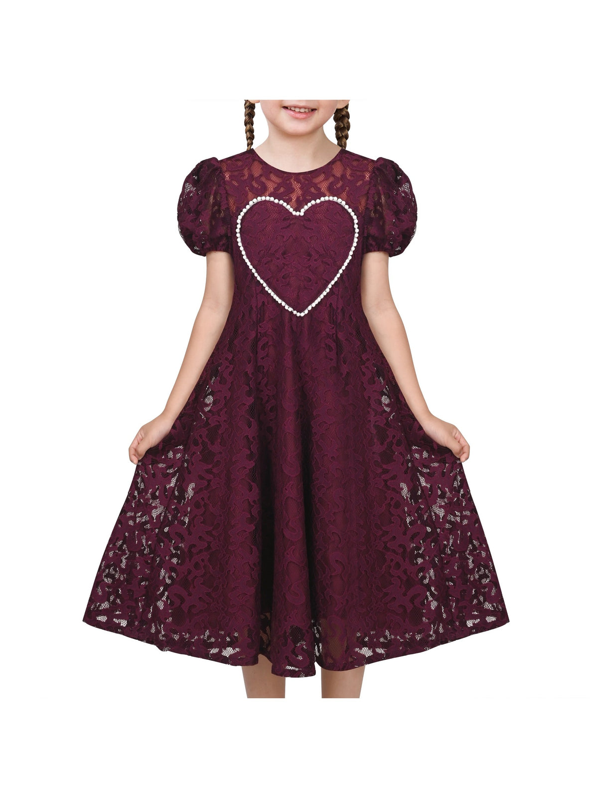 Girls Dress Heart Pearl Burgundy Lace Party Classic Formal Short Sleeve - Burgundy Red