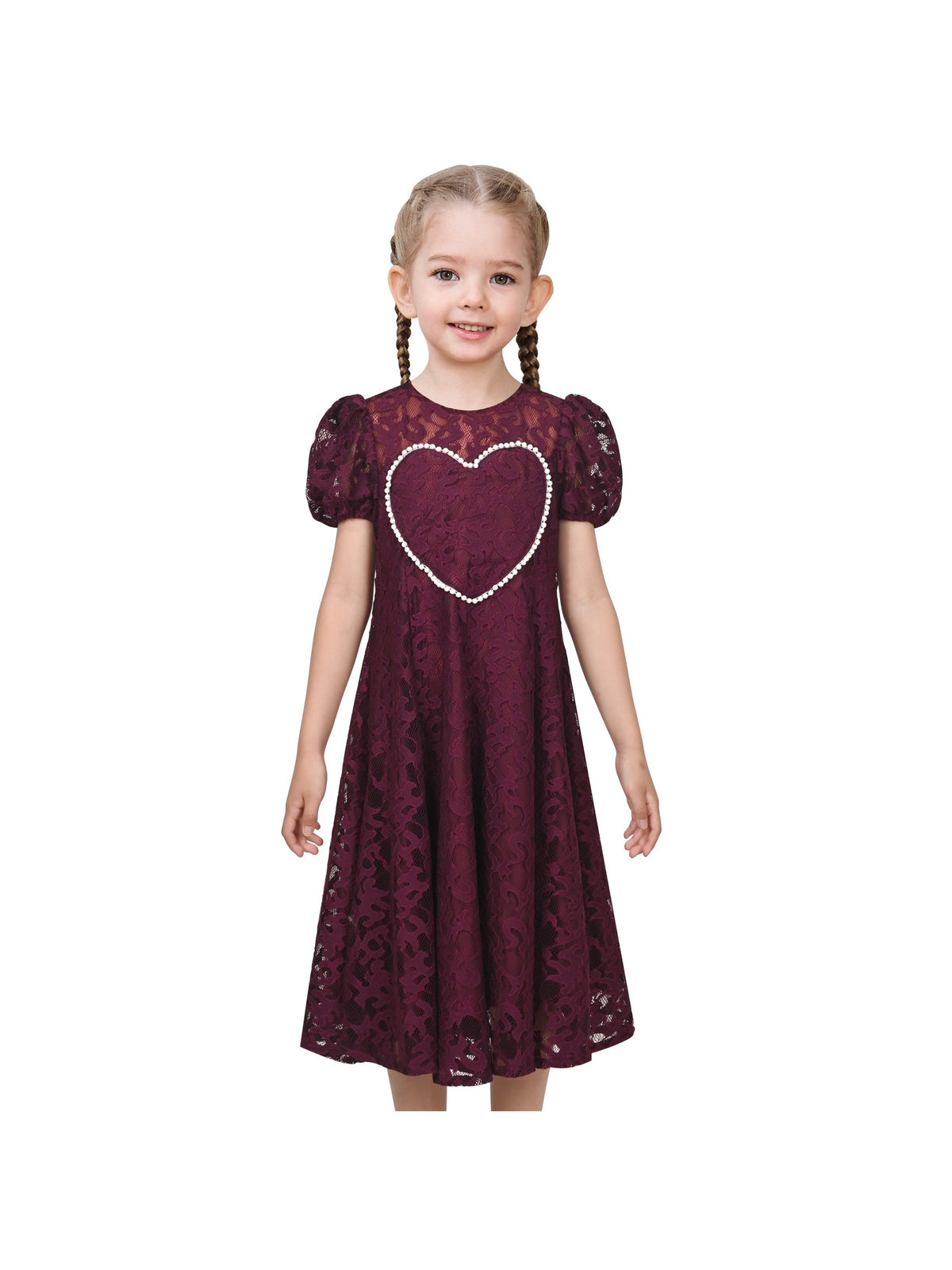 Girls Dress Heart Pearl Burgundy Lace Party Classic Formal Short Sleeve - Burgundy Red