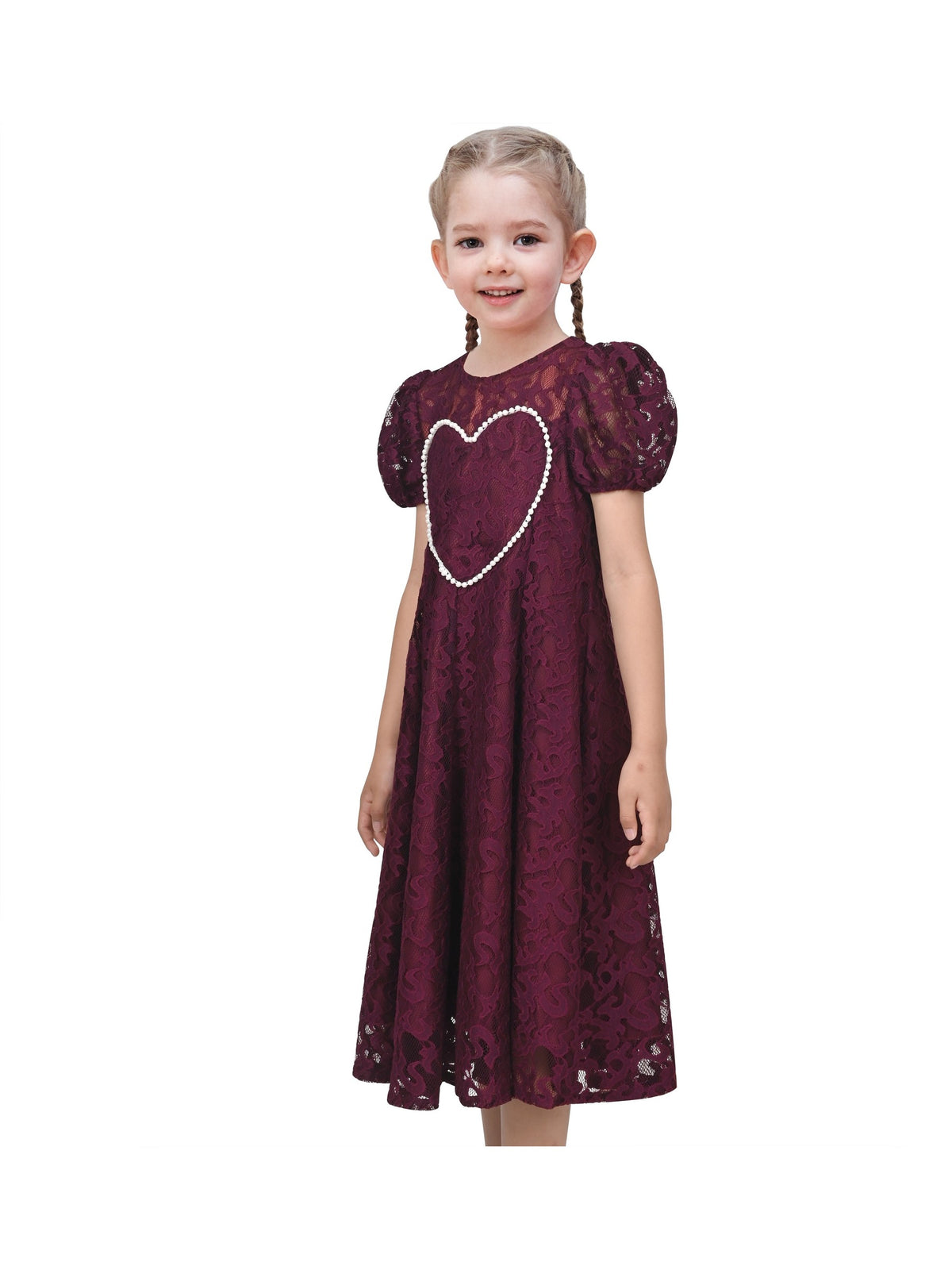 Girls Dress Heart Pearl Burgundy Lace Party Classic Formal Short Sleeve - Burgundy Red