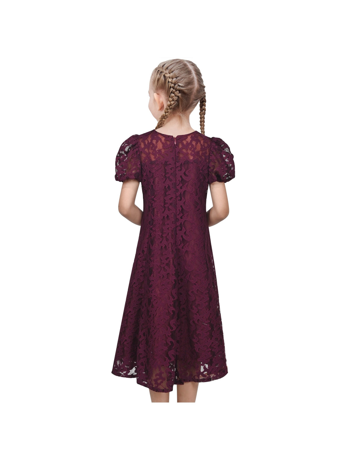 Girls Dress Heart Pearl Burgundy Lace Party Classic Formal Short Sleeve - Burgundy Red