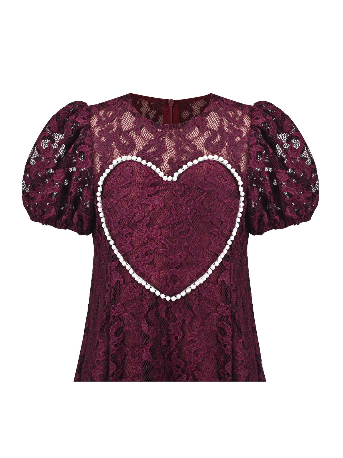 Girls Dress Heart Pearl Burgundy Lace Party Classic Formal Short Sleeve - Burgundy Red