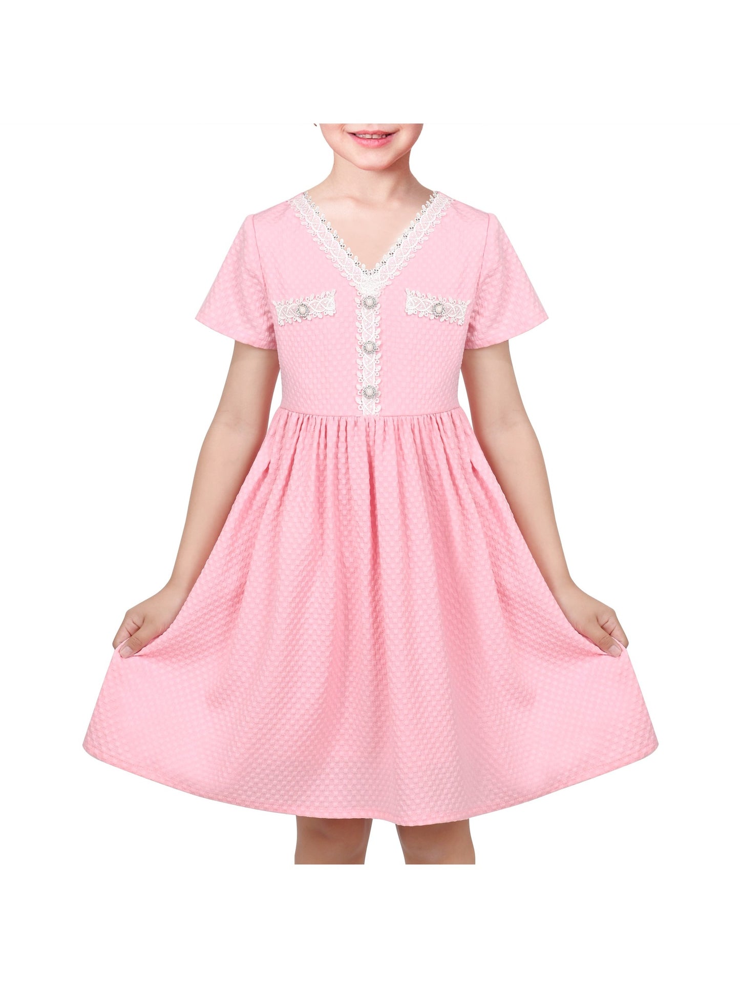 Girls Dress Lace Pearl V Neck Knit Texture Short Sleeve Princess Pink