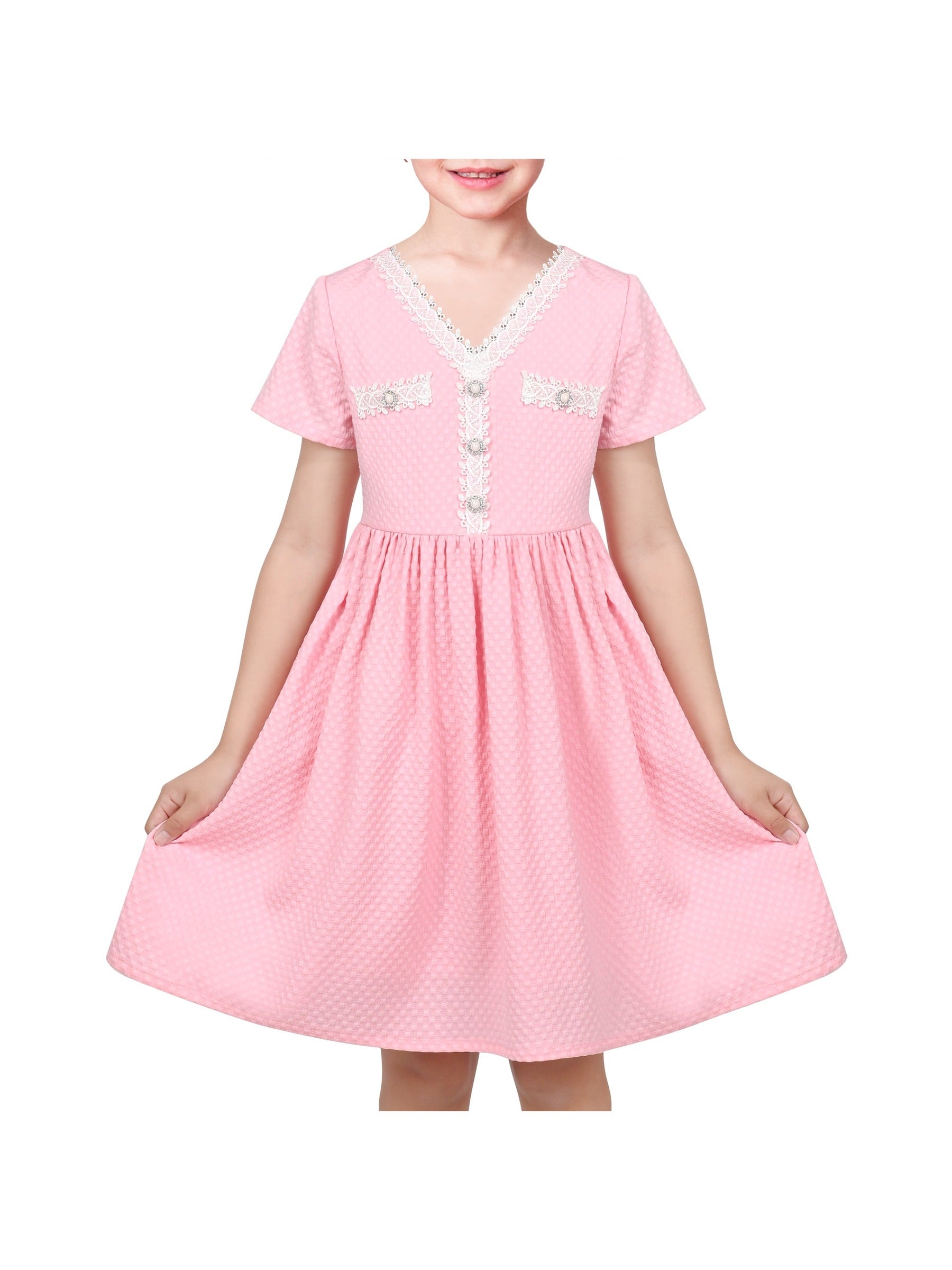 Girls Dress Lace Pearl V Neck Knit Texture Short Sleeve Princess Pink