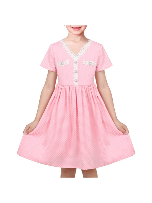 Girls Dress Lace Pearl V Neck Knit Texture Short Sleeve Princess Pink