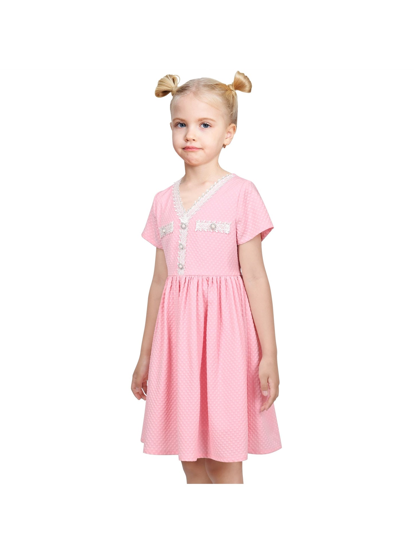 Girls Dress Lace Pearl V Neck Knit Texture Short Sleeve Princess Pink