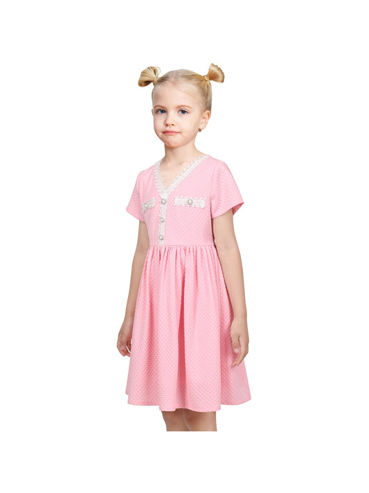 Girls Dress Lace Pearl V Neck Knit Texture Short Sleeve Princess Pink