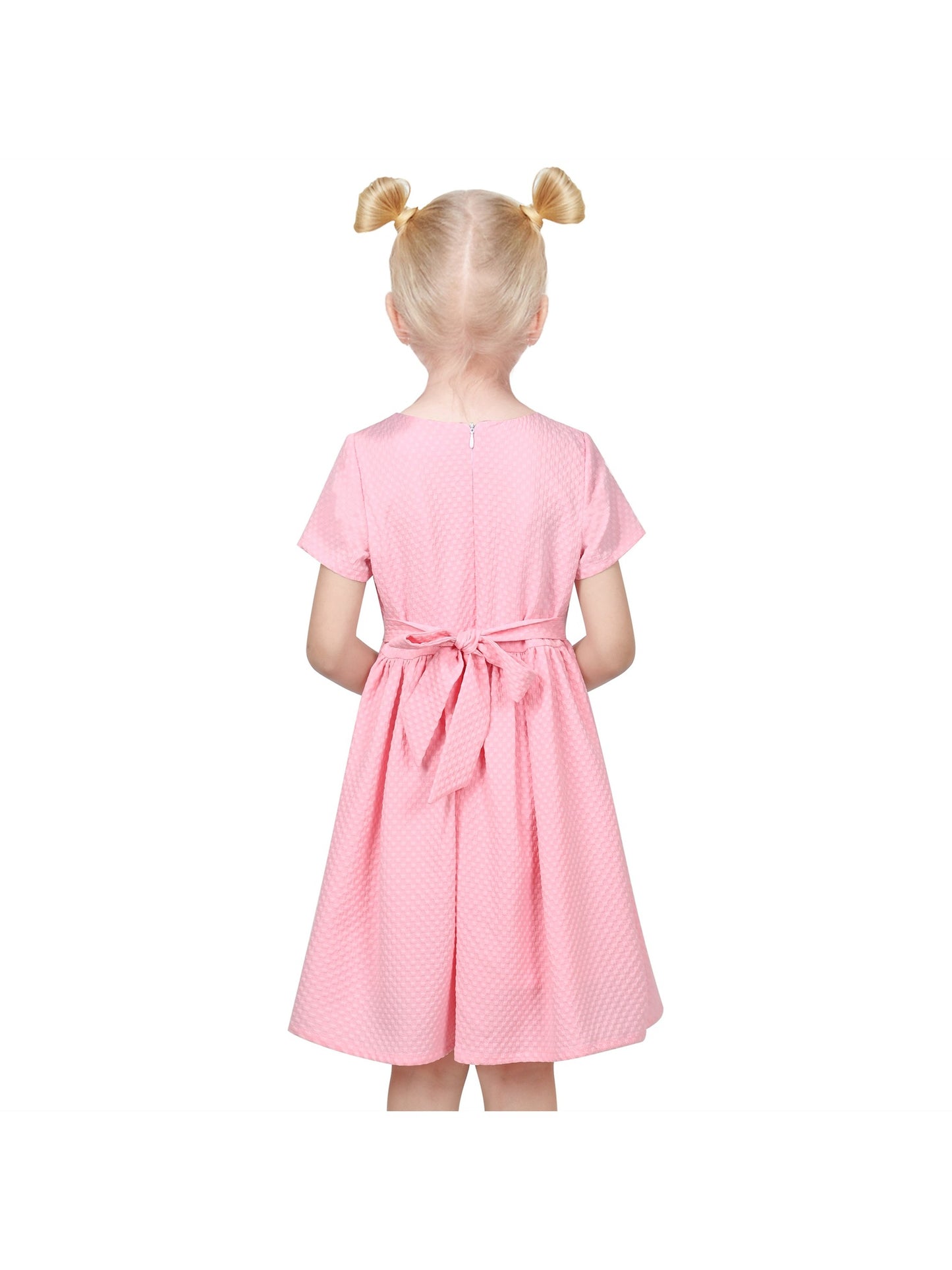 Girls Dress Lace Pearl V Neck Knit Texture Short Sleeve Princess Pink