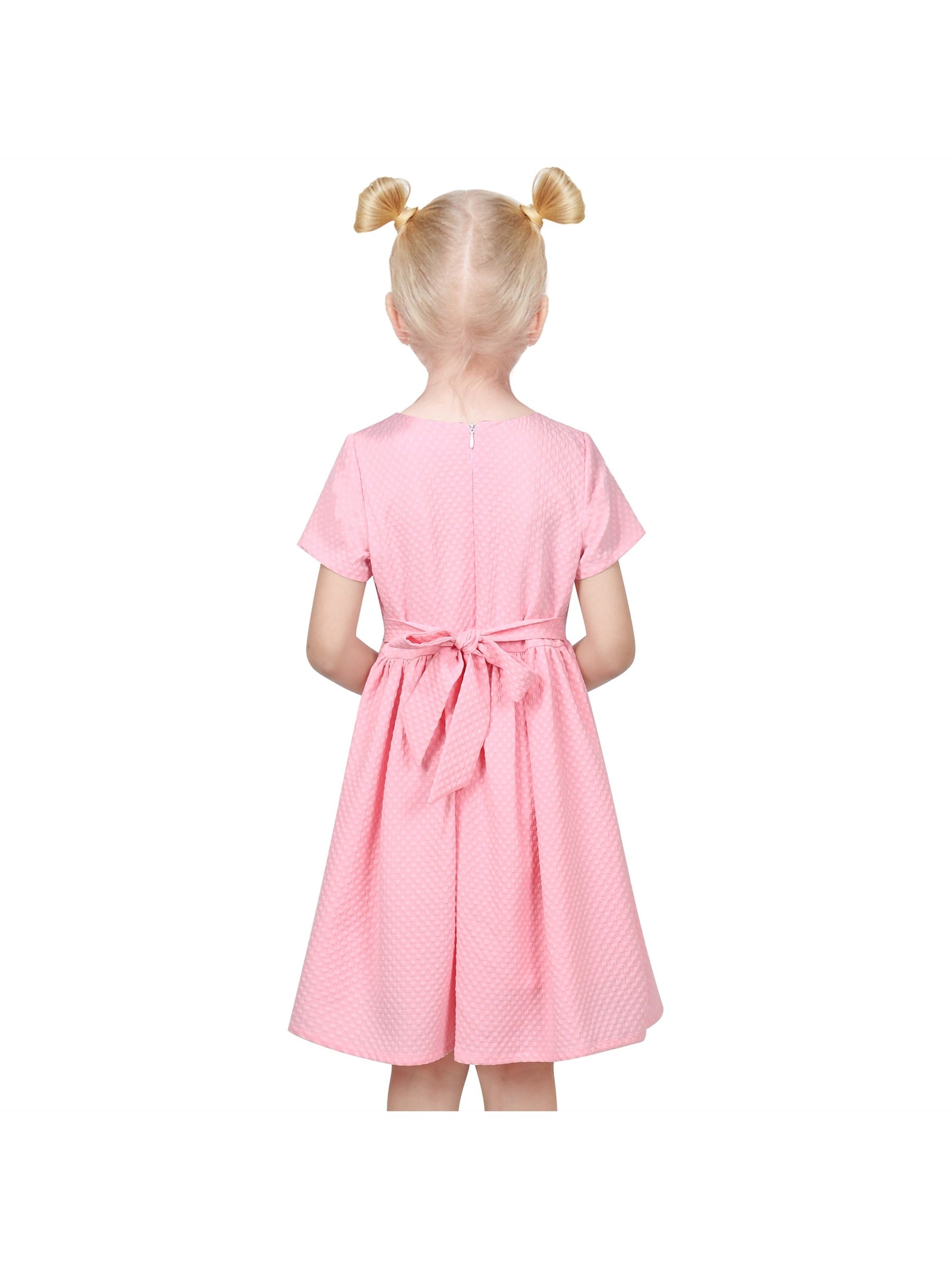 Girls Dress Lace Pearl V Neck Knit Texture Short Sleeve Princess Pink