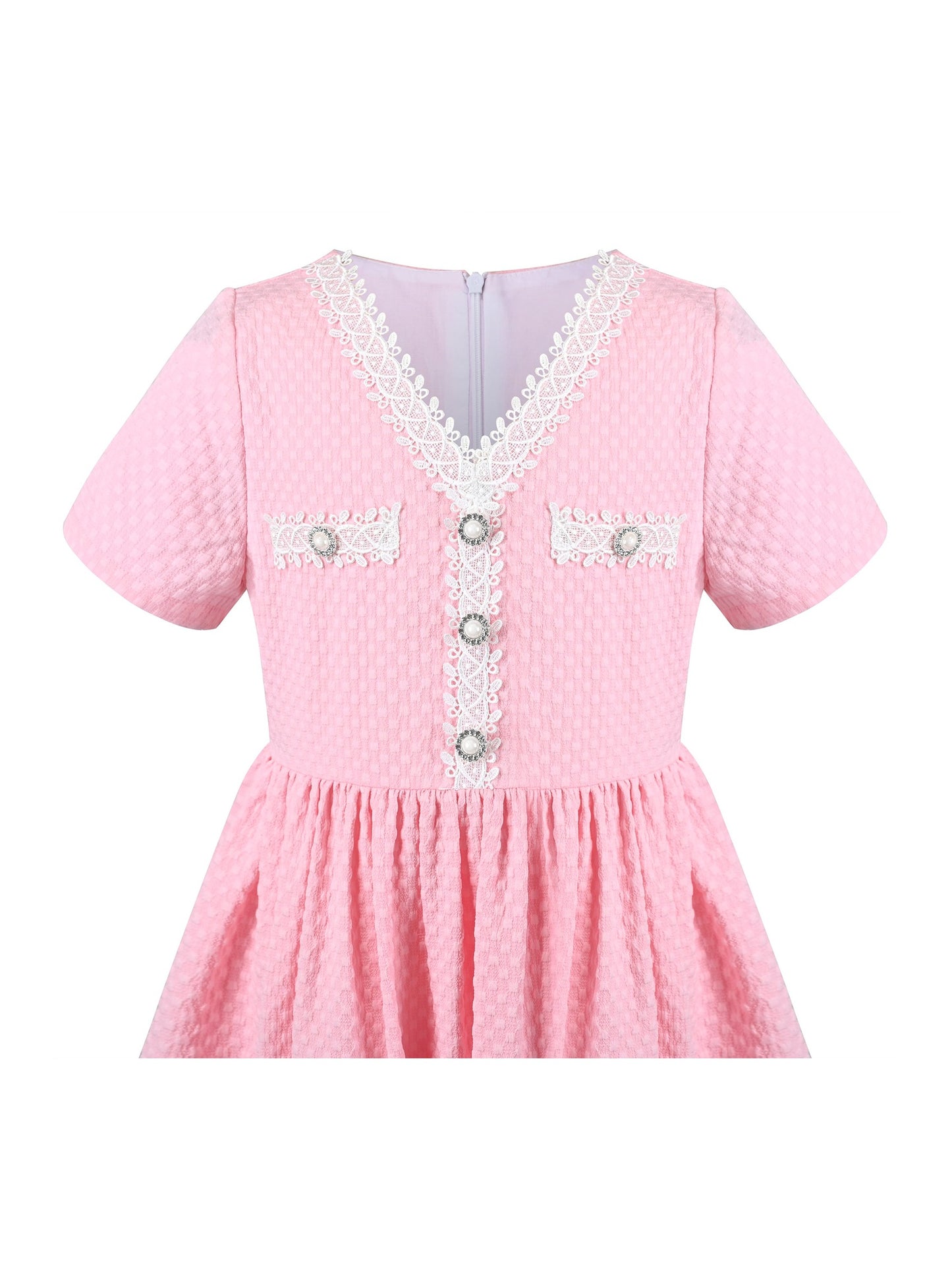 Girls Dress Lace Pearl V Neck Knit Texture Short Sleeve Princess Pink