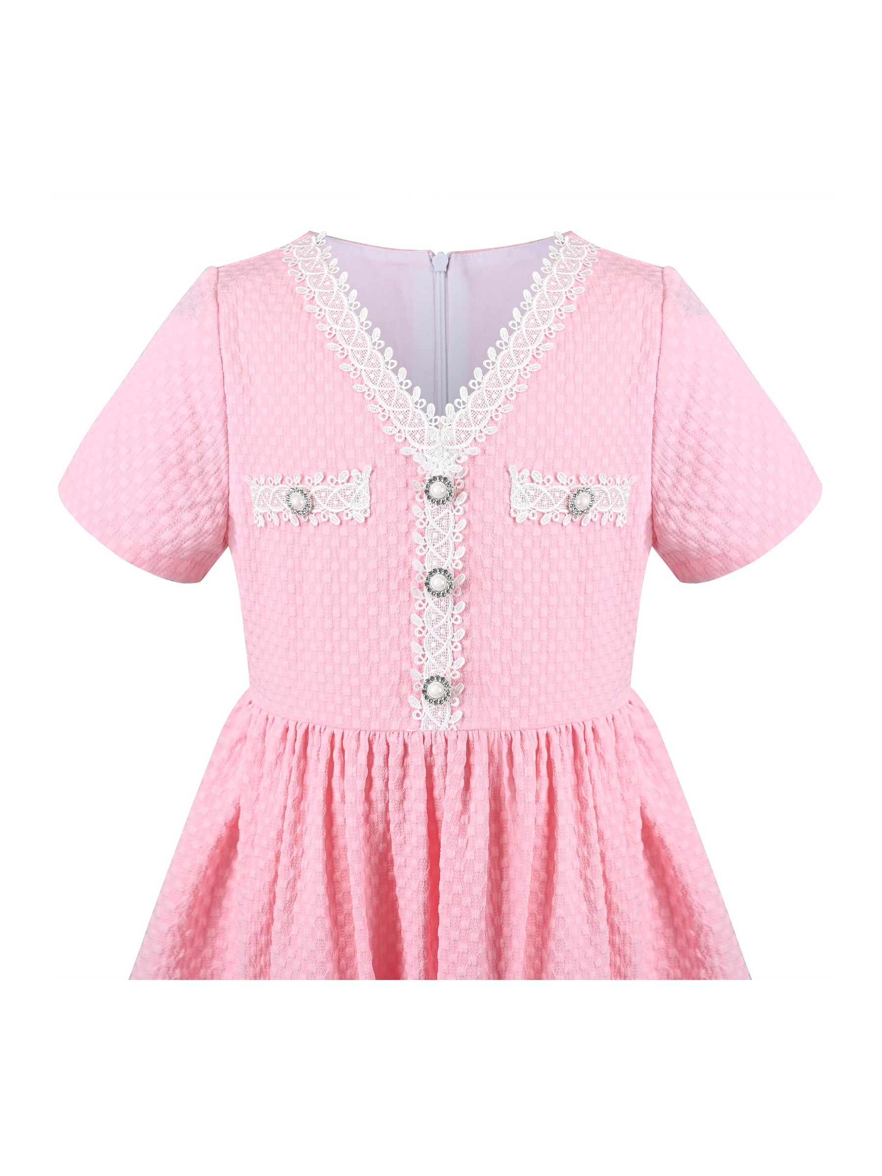 Girls Dress Lace Pearl V Neck Knit Texture Short Sleeve Princess Pink