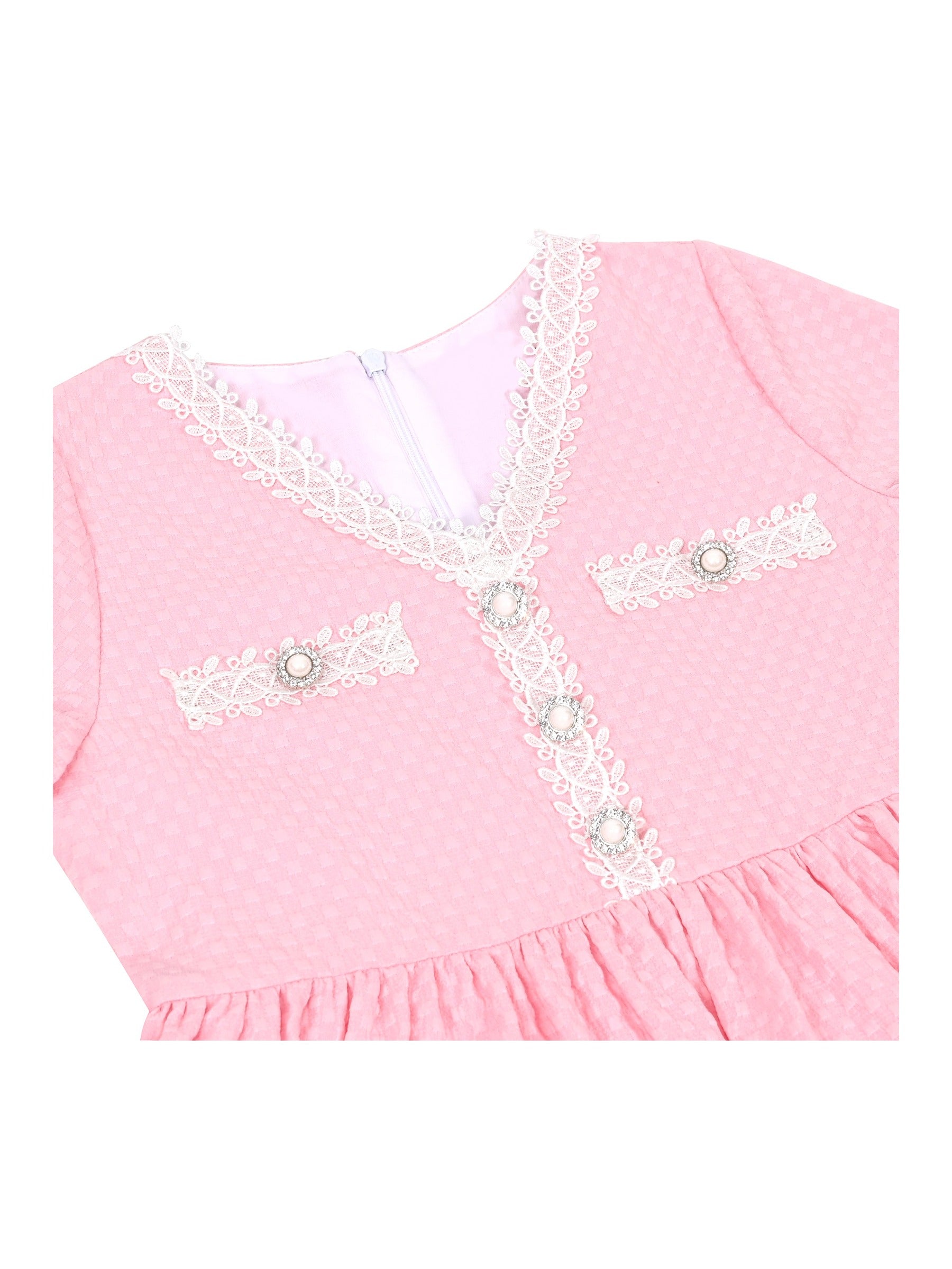 Girls Dress Lace Pearl V Neck Knit Texture Short Sleeve Princess Pink