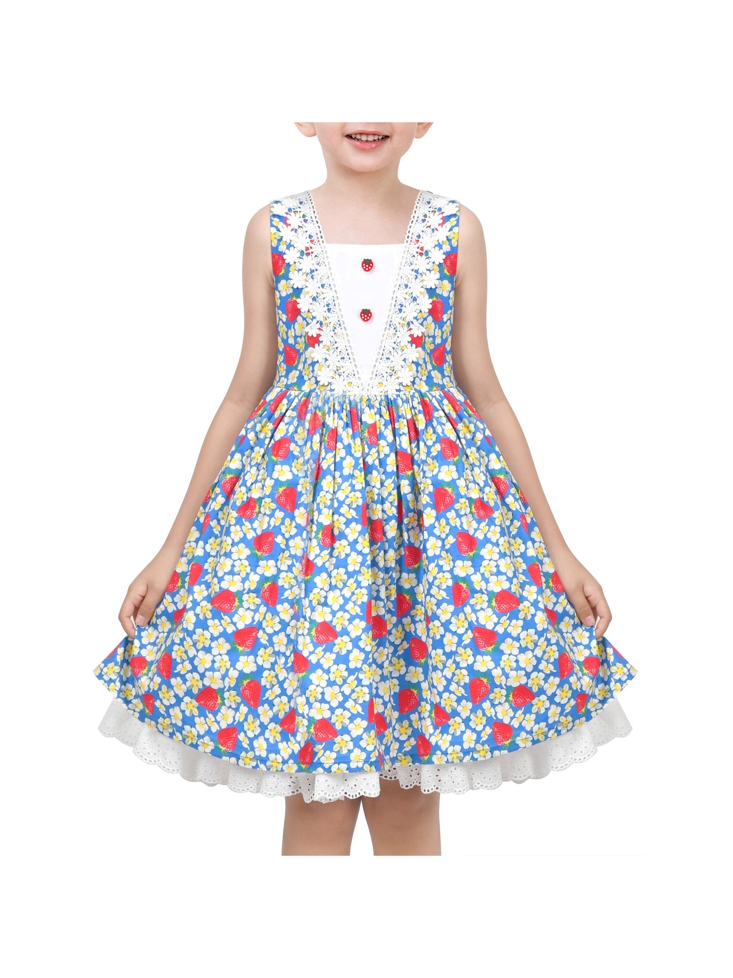 Girls Dress Floral Strawberry Print Lovely School Lace Sundress Summer Blue