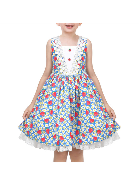 Girls Dress Floral Strawberry Print Lovely School Lace Sundress Summer Blue