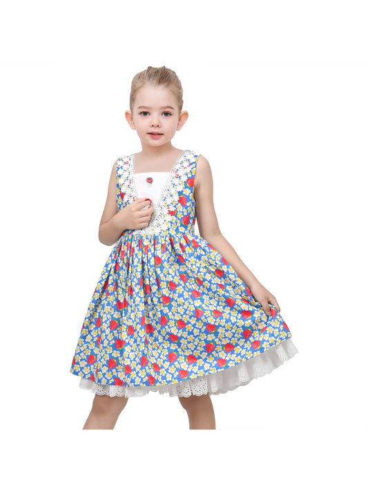 Girls Dress Floral Strawberry Print Lovely School Lace Sundress Summer Blue