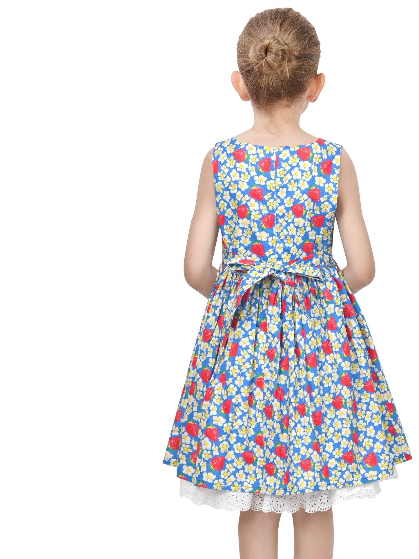 Girls Dress Floral Strawberry Print Lovely School Lace Sundress Summer Blue