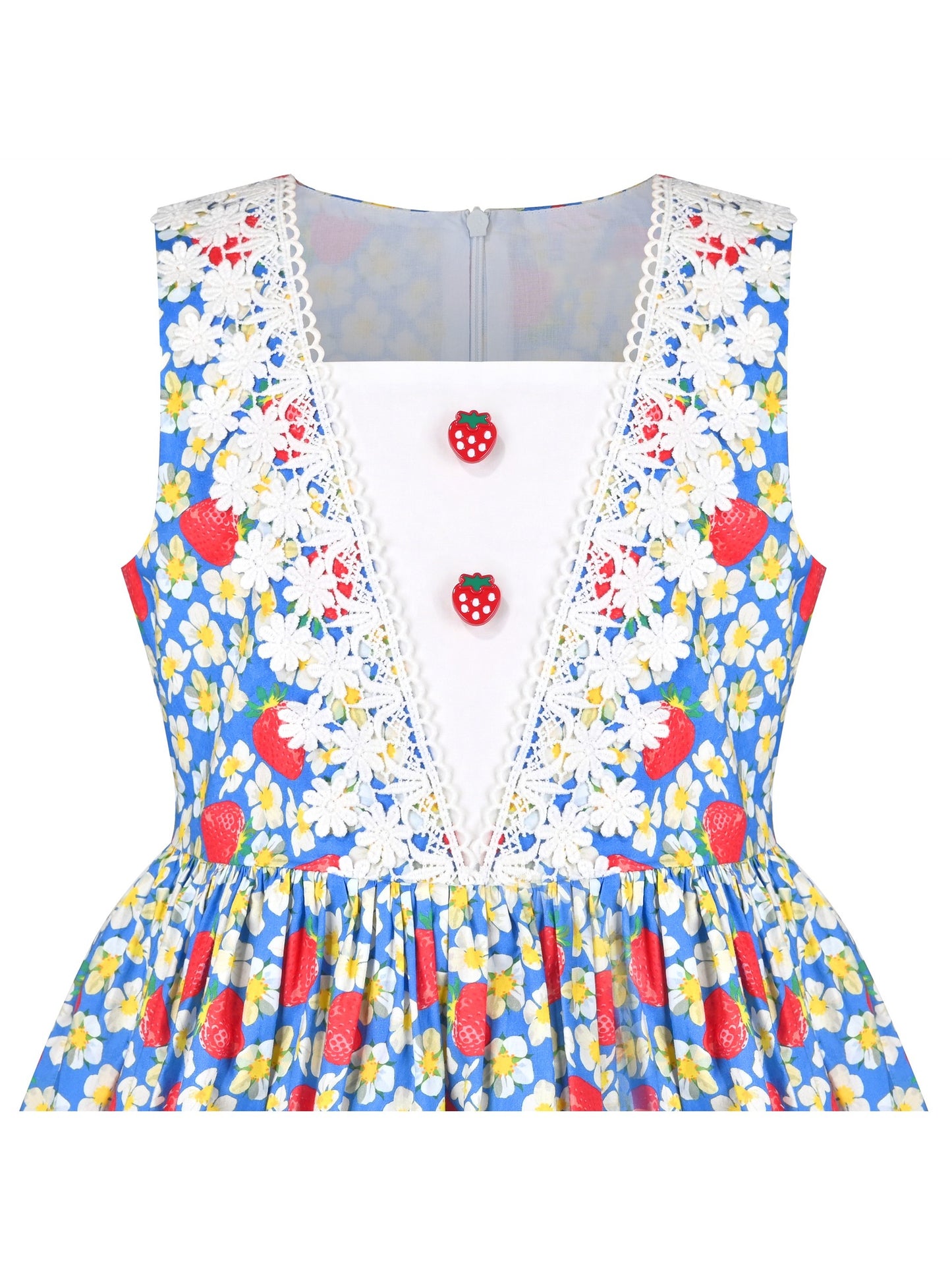 Girls Dress Floral Strawberry Print Lovely School Lace Sundress Summer Blue