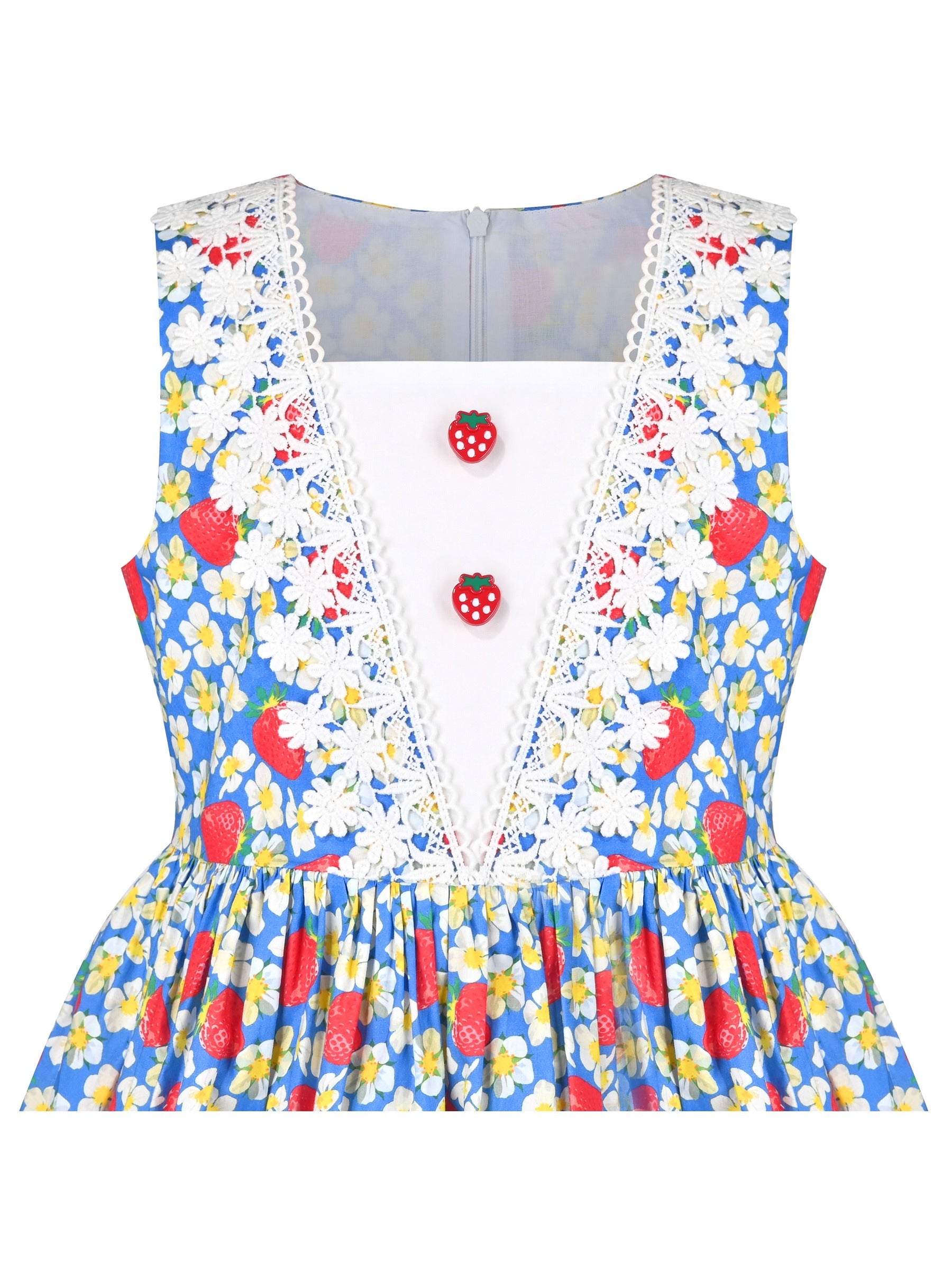 Girls Dress Floral Strawberry Print Lovely School Lace Sundress Summer Blue