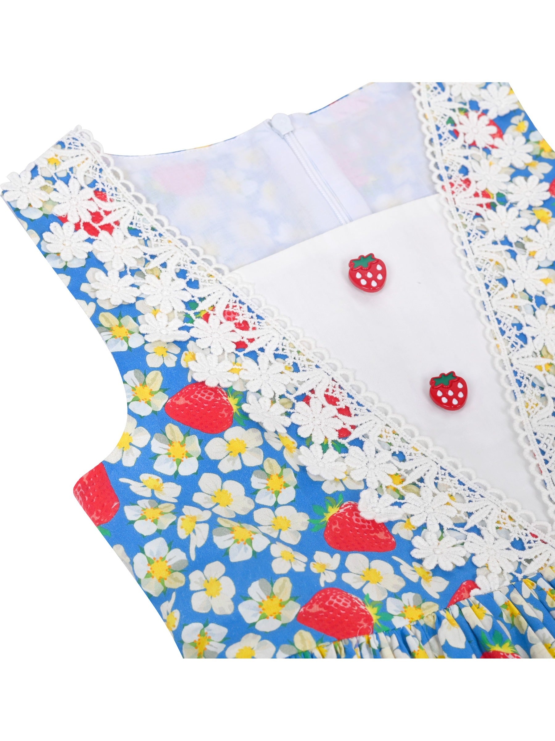 Girls Dress Floral Strawberry Print Lovely School Lace Sundress Summer Blue