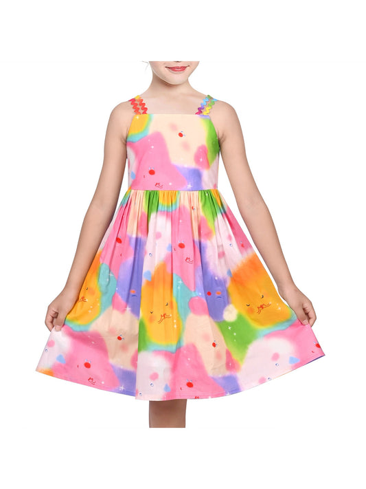 Girls Dress Rainbow Colorful Cartoon Zigzag Spaghetti Sundress Cotton Pink