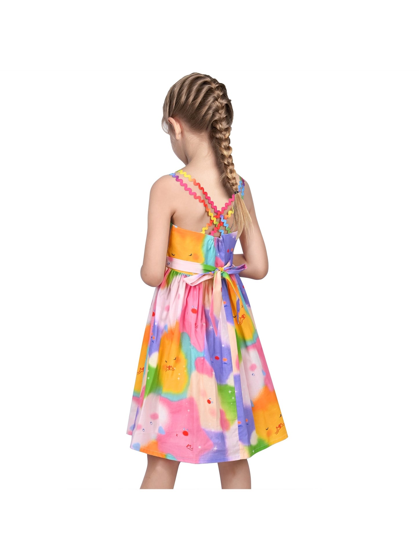Girls Dress Rainbow Colorful Cartoon Zigzag Spaghetti Sundress Cotton Pink