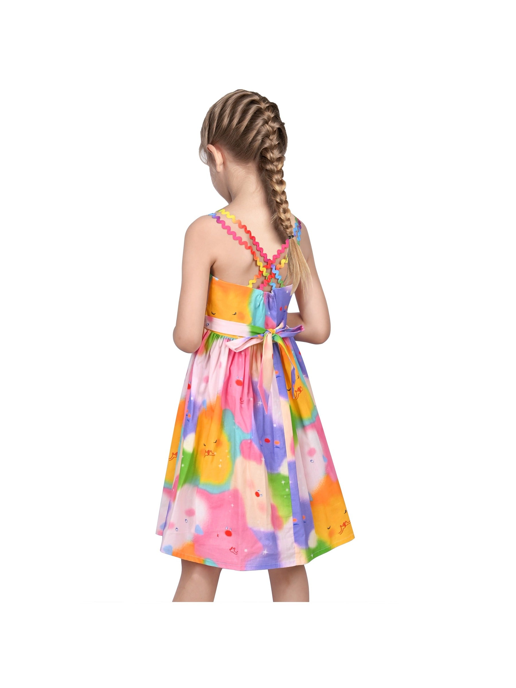 Girls Dress Rainbow Colorful Cartoon Zigzag Spaghetti Sundress Cotton Pink