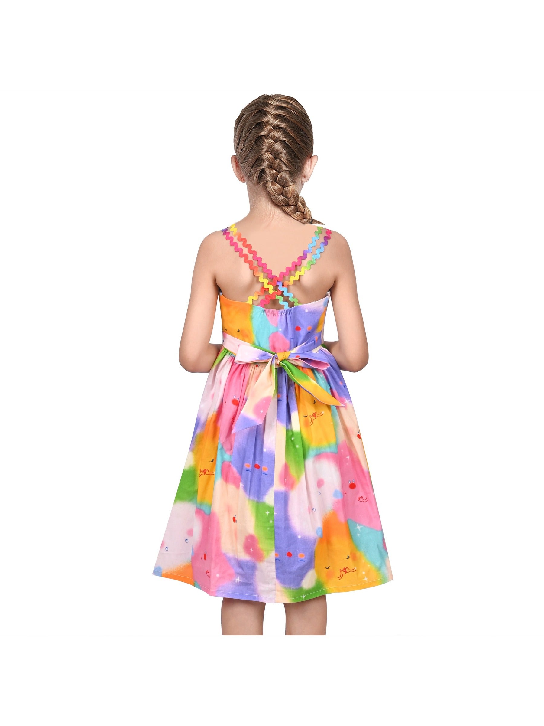 Girls Dress Rainbow Colorful Cartoon Zigzag Spaghetti Sundress Cotton Pink