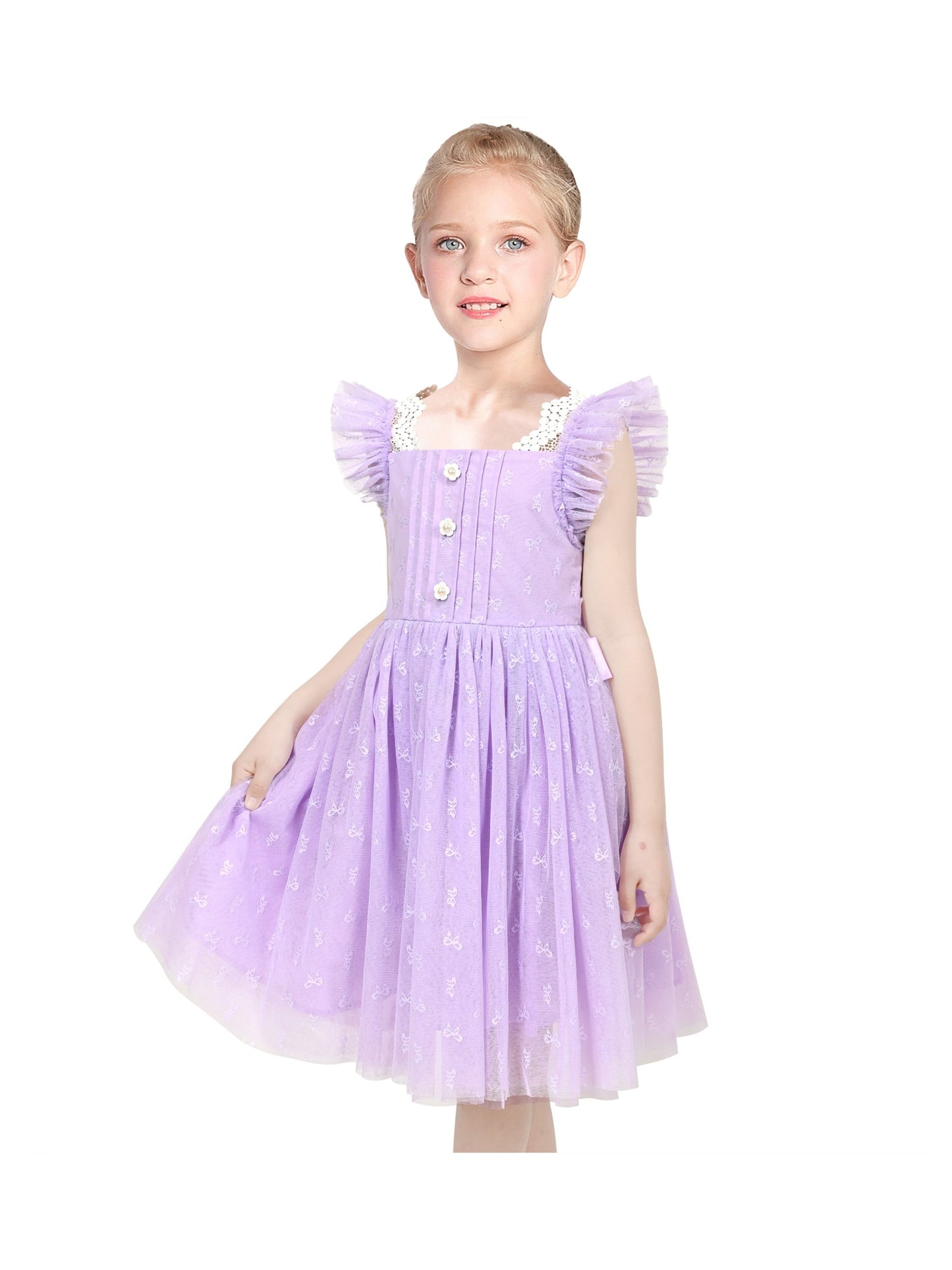 Girls Dress Black Gold Line Shiny Applique Princess Party Flare Sleeve Purple