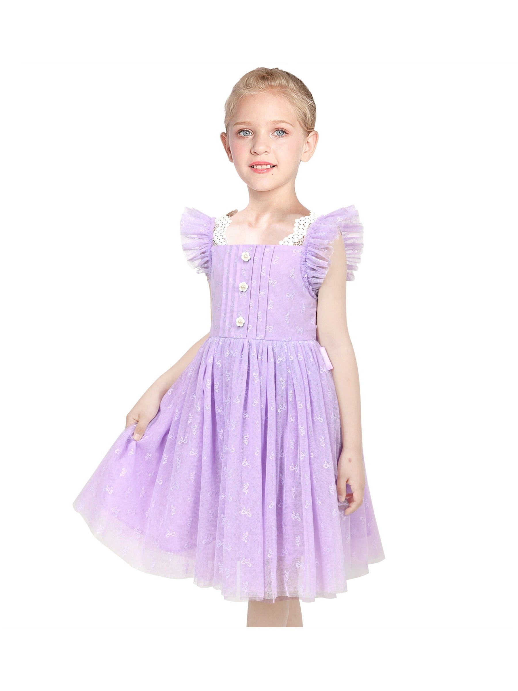 Girls Dress Black Gold Line Shiny Applique Princess Party Flare Sleeve Purple