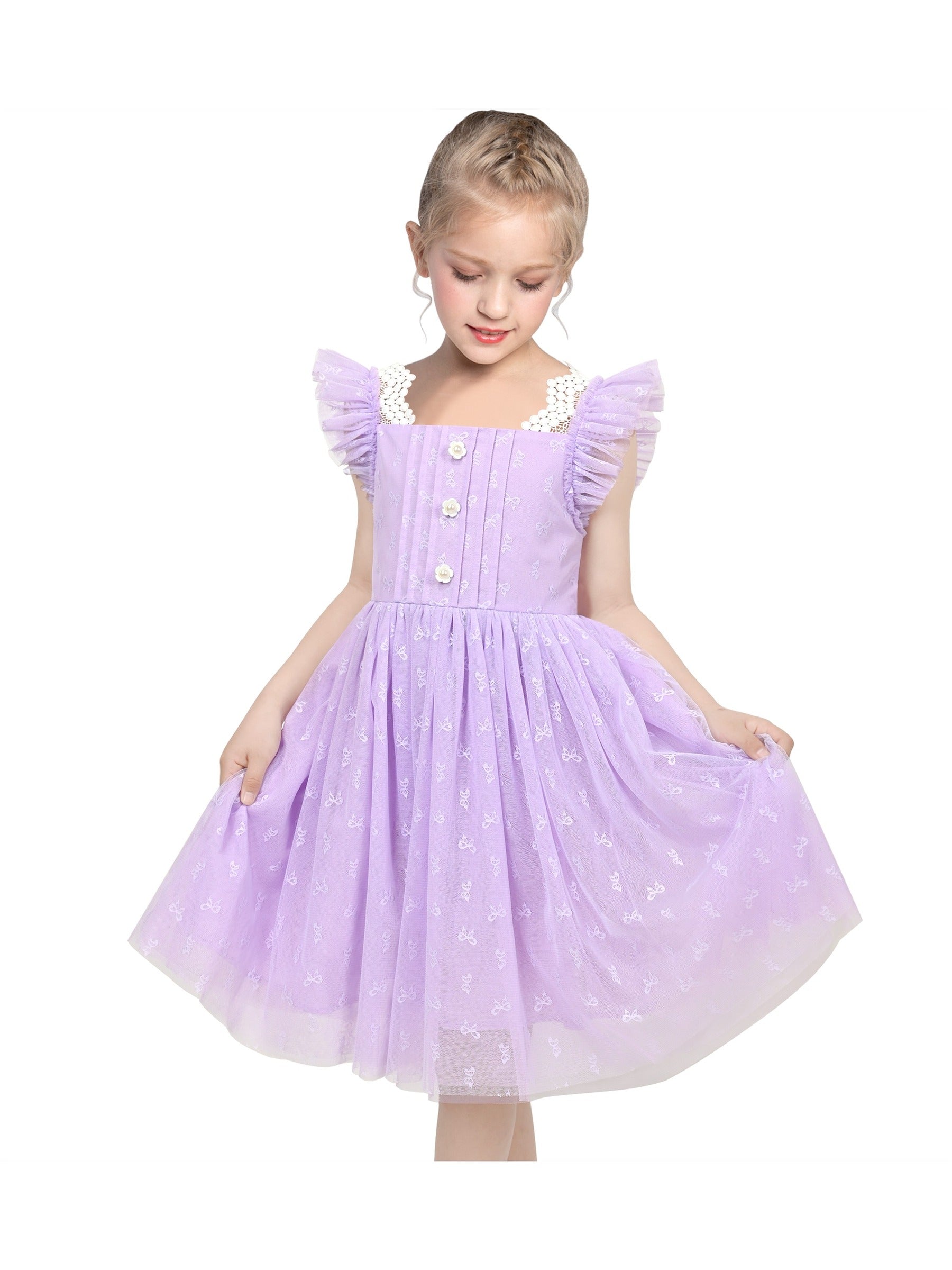 Girls Dress Black Gold Line Shiny Applique Princess Party Flare Sleeve Purple