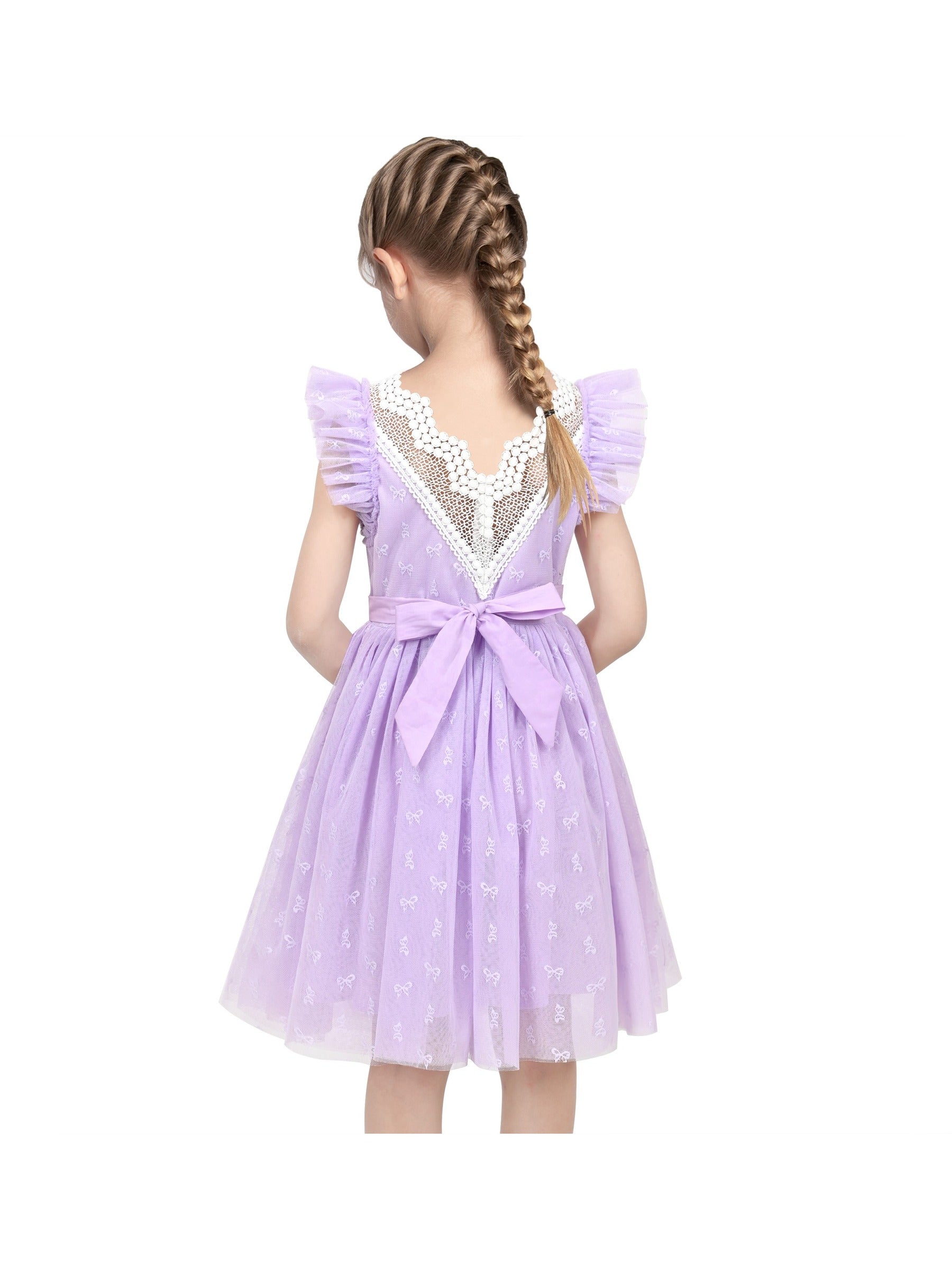 Girls Dress Black Gold Line Shiny Applique Princess Party Flare Sleeve Purple