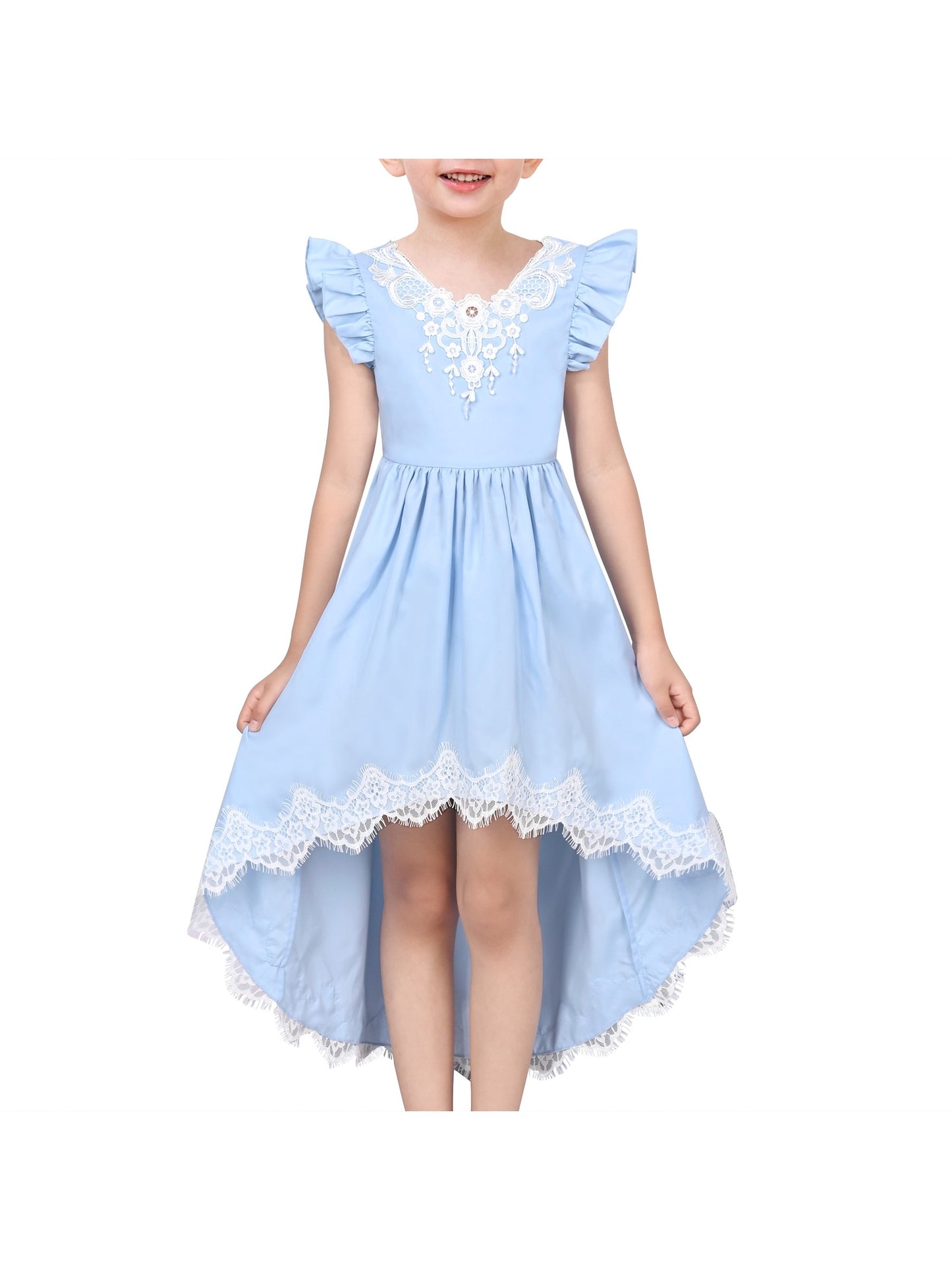 Flower Girls Dress Blue Hi-lo Lace V Back Fancy Wedding Blue
