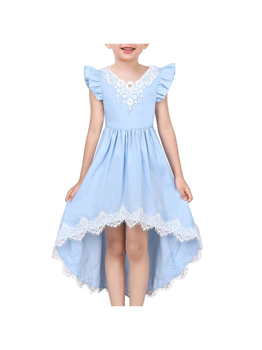 Flower Girls Dress Blue Hi-lo Lace V Back Fancy Wedding Blue