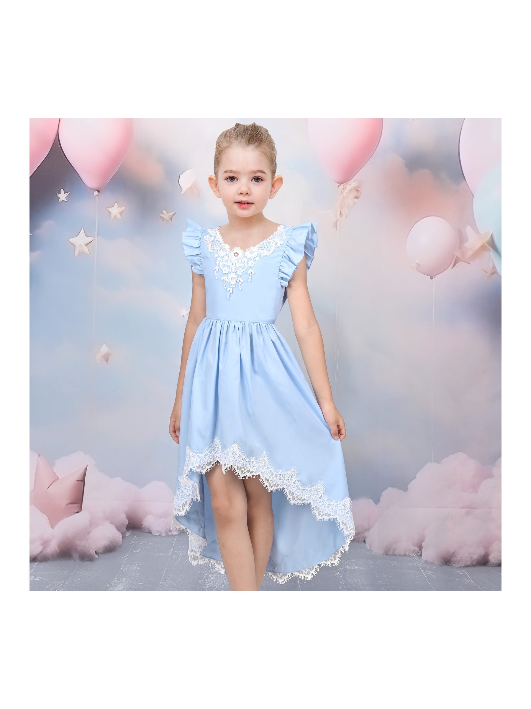 Flower Girls Dress Blue Hi-lo Lace V Back Fancy Wedding Blue