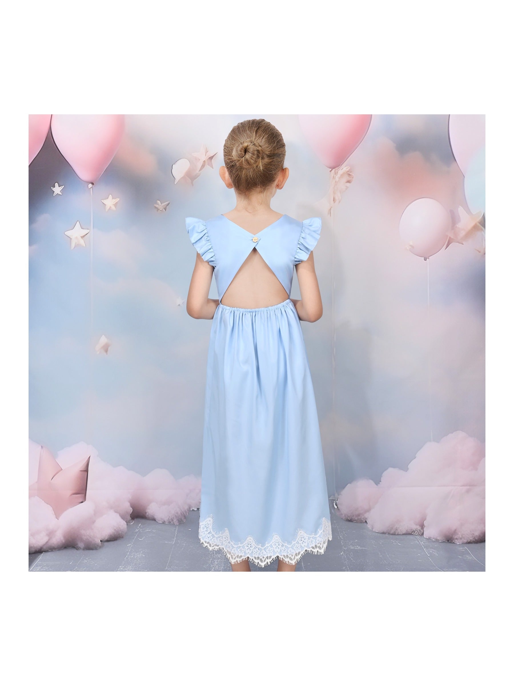 Flower Girls Dress Blue Hi-lo Lace V Back Fancy Wedding Blue