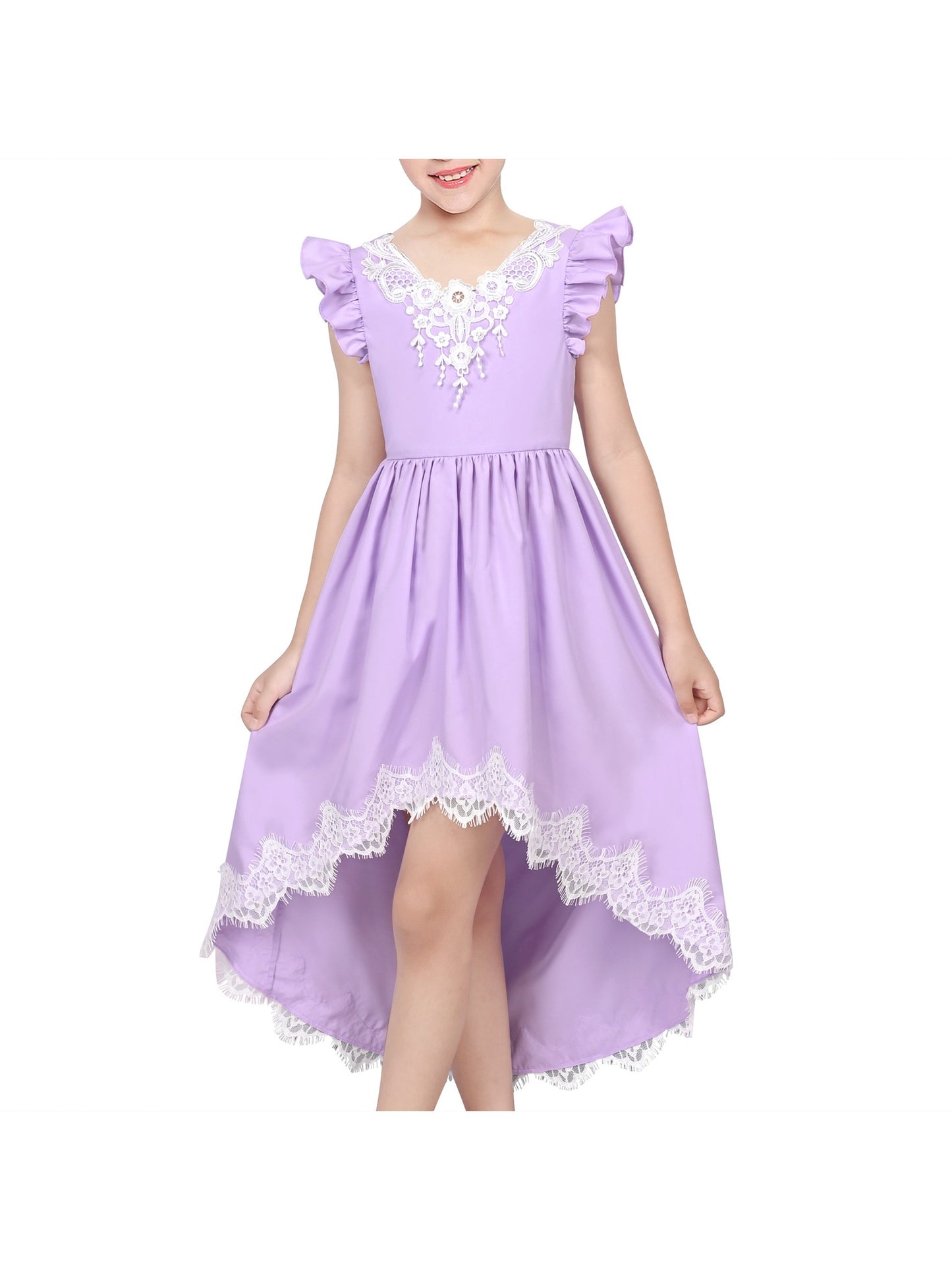Flower Girls Dress Blue Hi-lo Lace V Back Fancy Wedding Purple