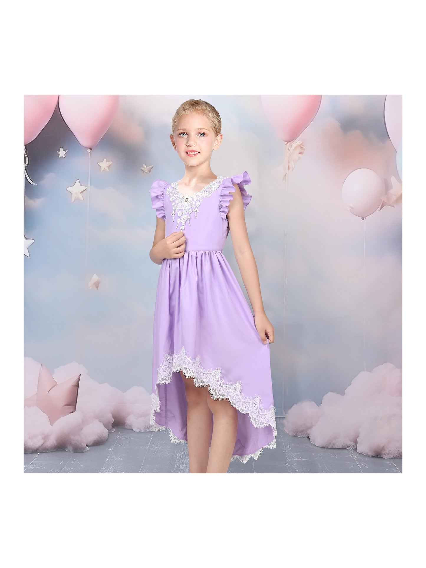 Flower Girls Dress Blue Hi-lo Lace V Back Fancy Wedding Purple