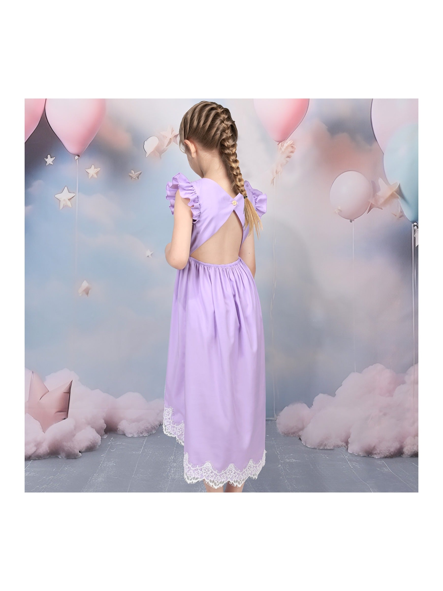 Flower Girls Dress Blue Hi-lo Lace V Back Fancy Wedding Purple