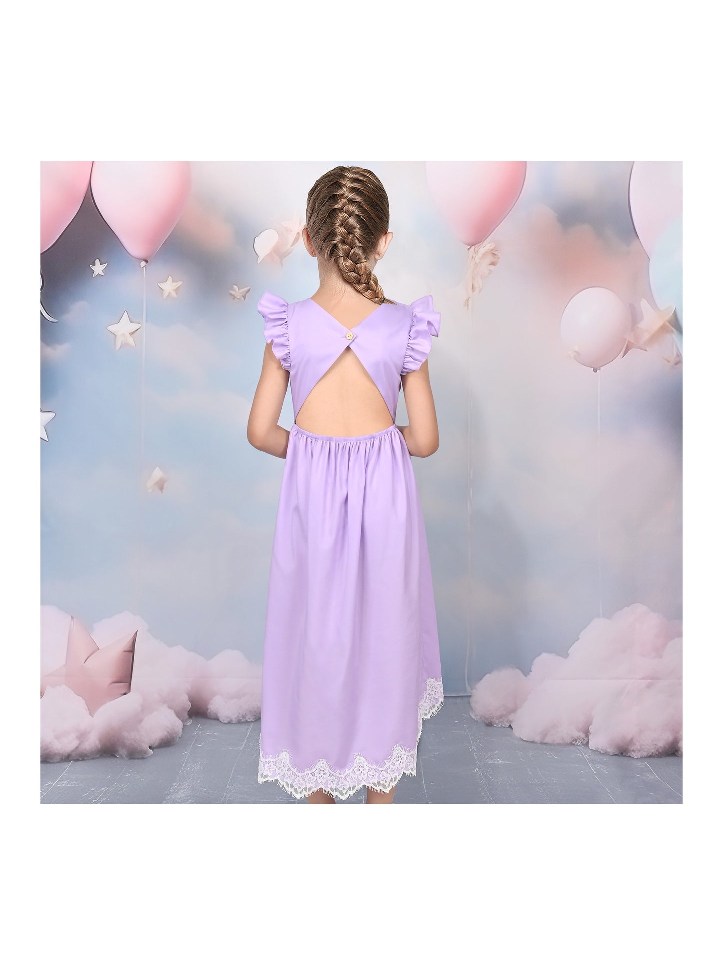 Flower Girls Dress Blue Hi-lo Lace V Back Fancy Wedding Purple