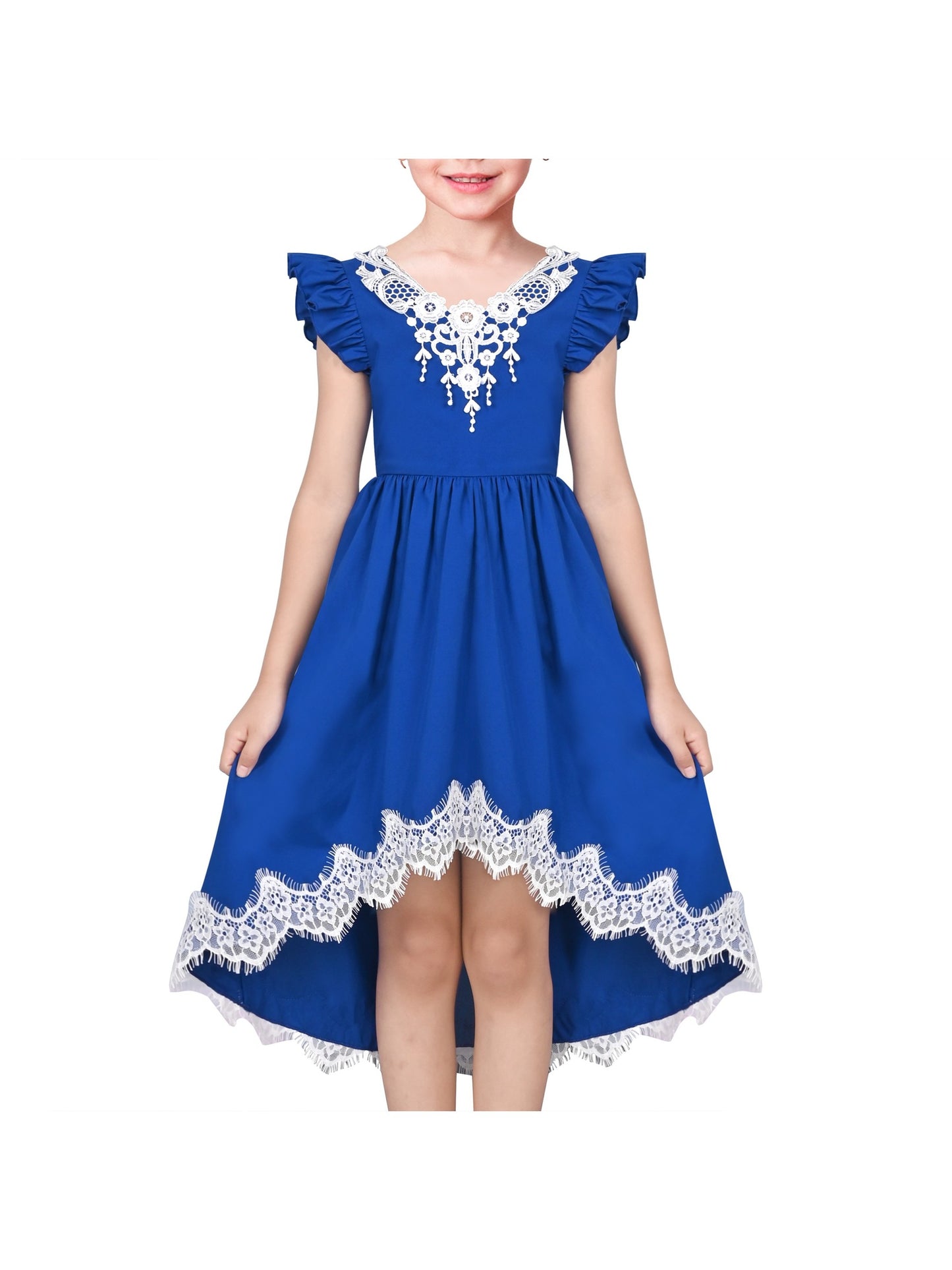 Flower Girls Dress Blue Hi-lo Lace V Back Fancy Wedding Blue