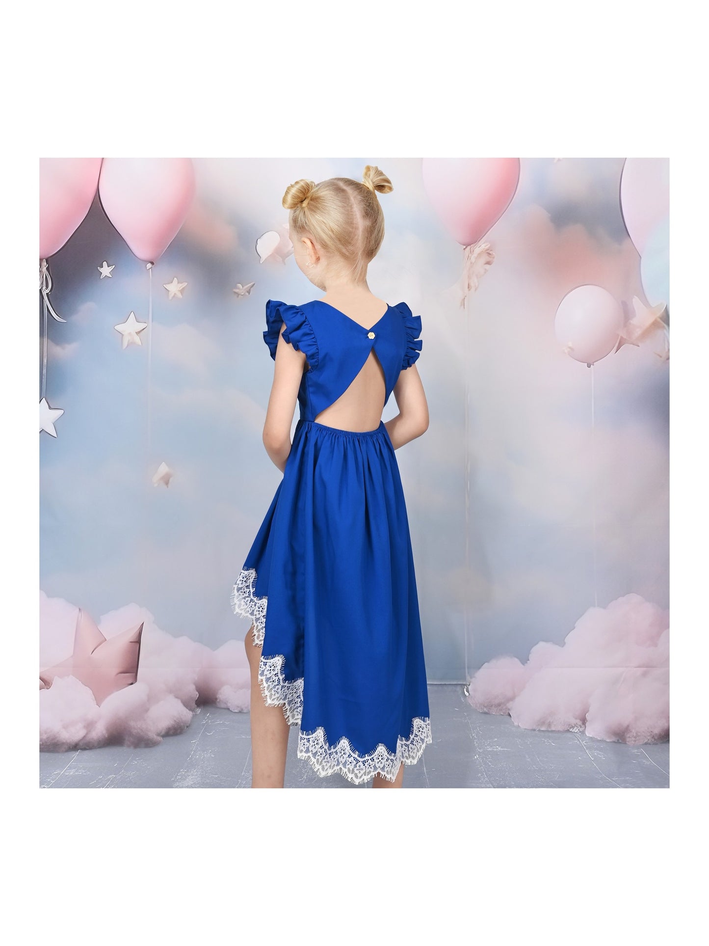 Flower Girls Dress Blue Hi-lo Lace V Back Fancy Wedding Blue